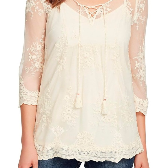 Vintage America Blues Womens Mona Embroidered Mesh Top Lace Up Sz L Sheer Lace - Picture 3 of 9